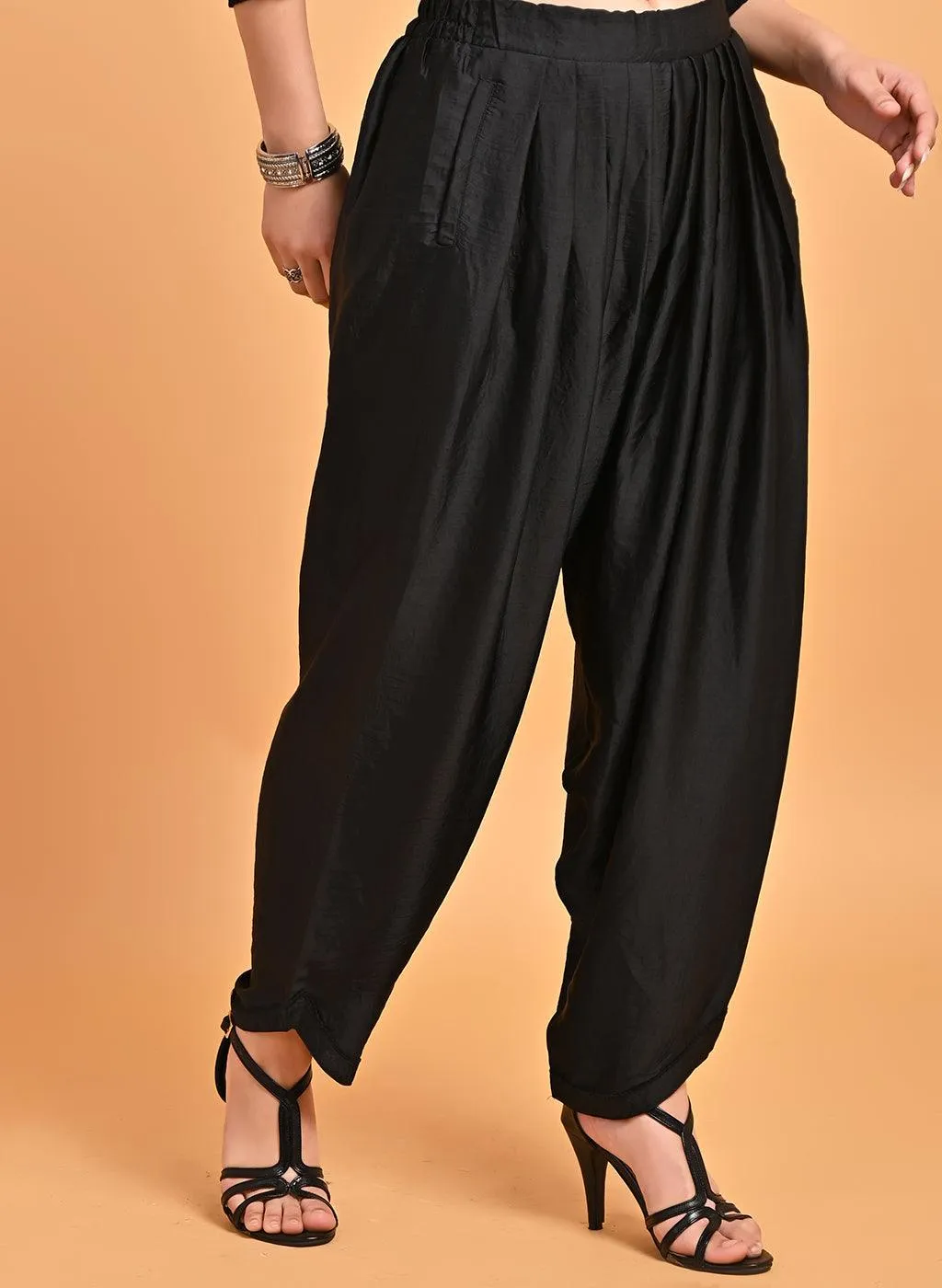 Aina Black Loose Fit Satin Dhoti Pants for Women