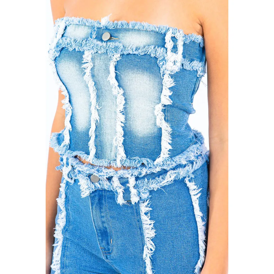 American Bazi Frayed Edge Denim Corset Top