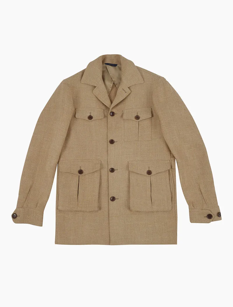 Beige Textured Herringbone Linen Field Jacket