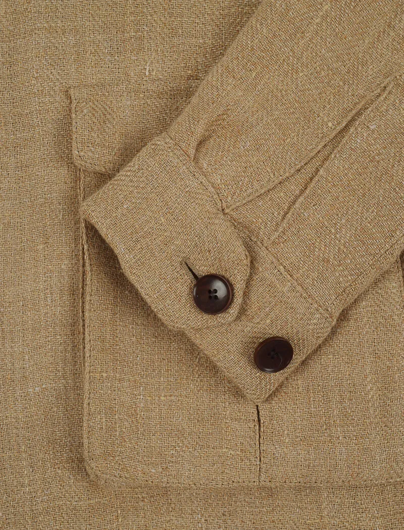 Beige Textured Herringbone Linen Field Jacket