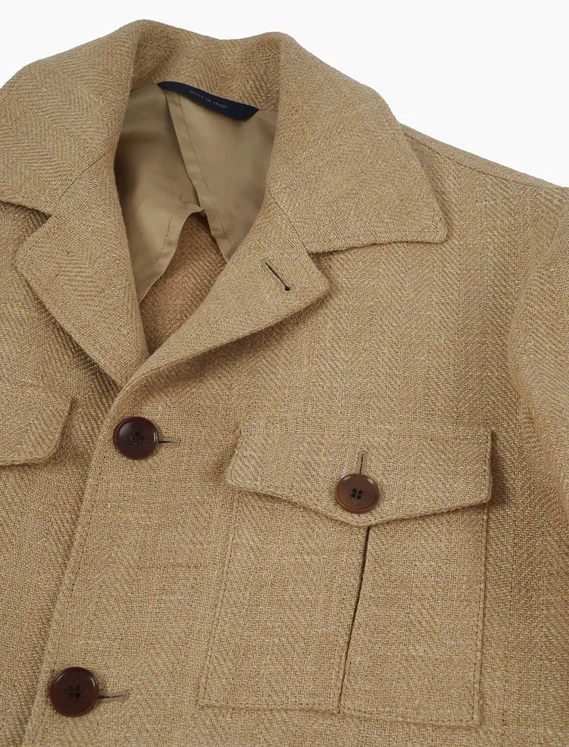 Beige Textured Herringbone Linen Field Jacket