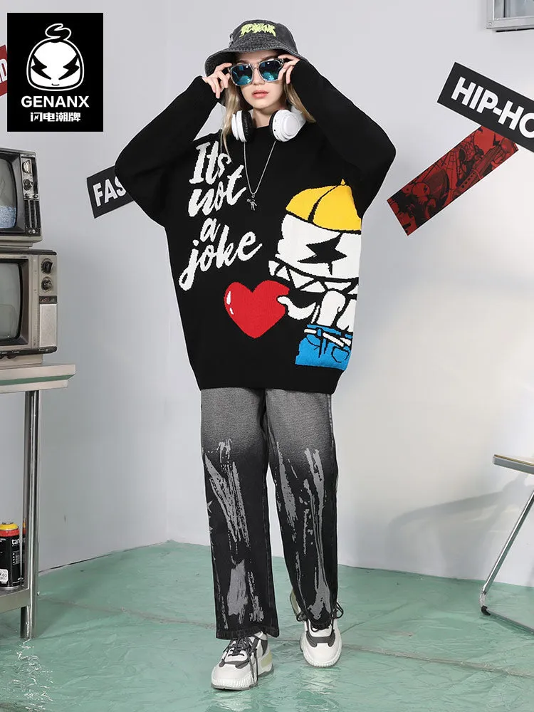 Black Cartoon Jacquard Knit Sweater