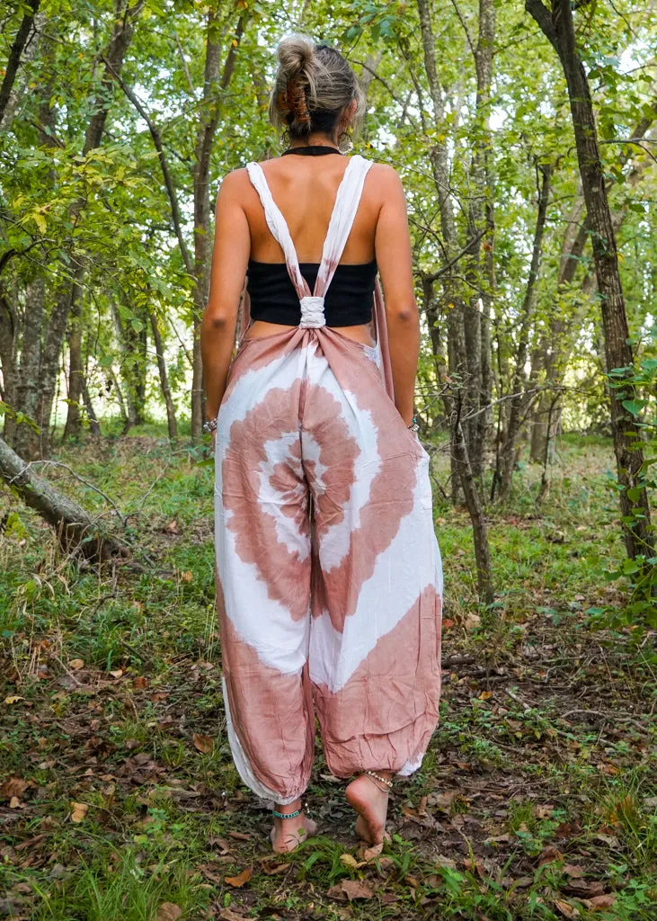 Brown and White Hand Dyed Hippie Racerback Dungarees Jumpsuit Romper