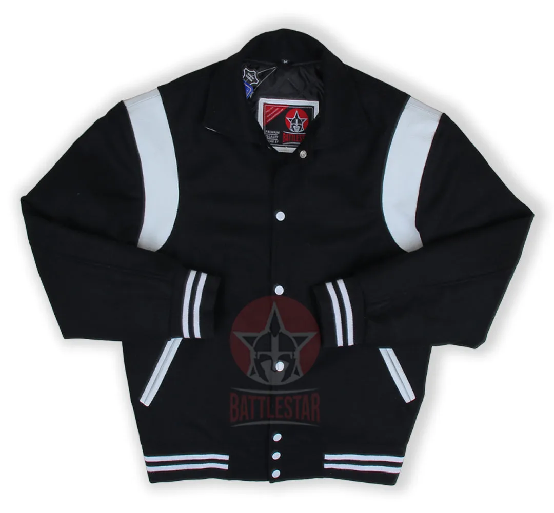 Byron Collar Black Wool White Leather Stripes Varsity