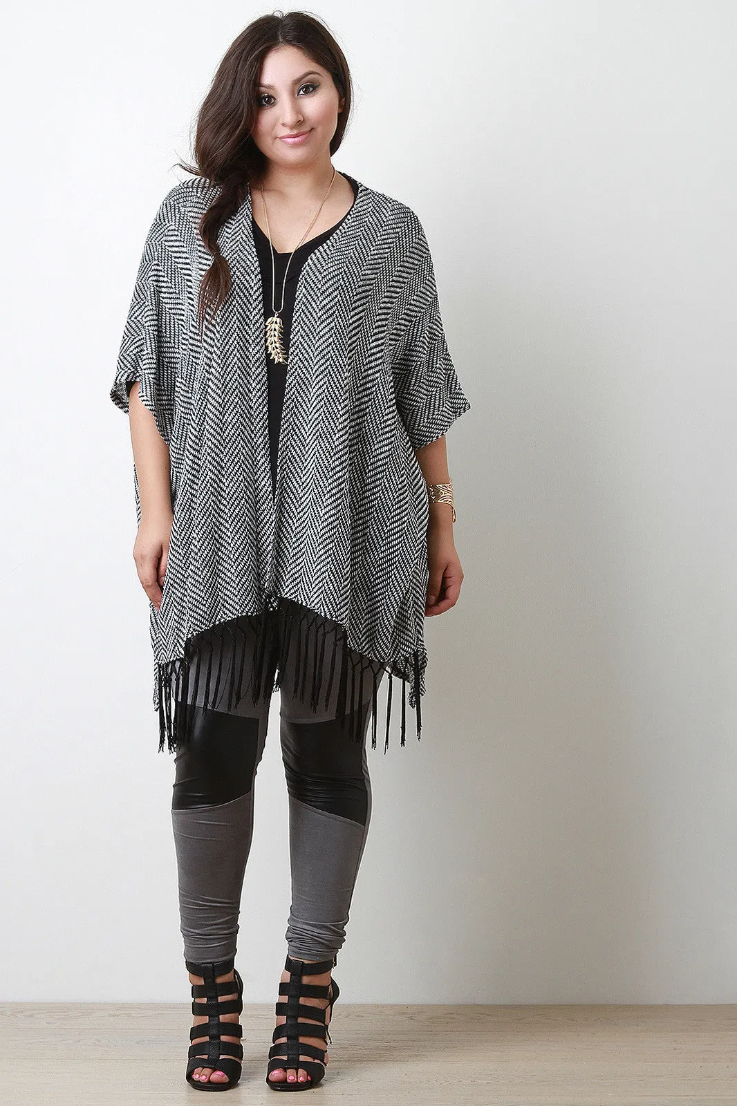 Chevron Knit Fringe Cardigan