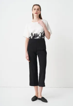 Choice Folded Hem Solid Trousers Black