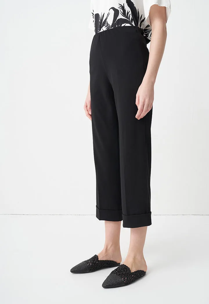 Choice Folded Hem Solid Trousers Black