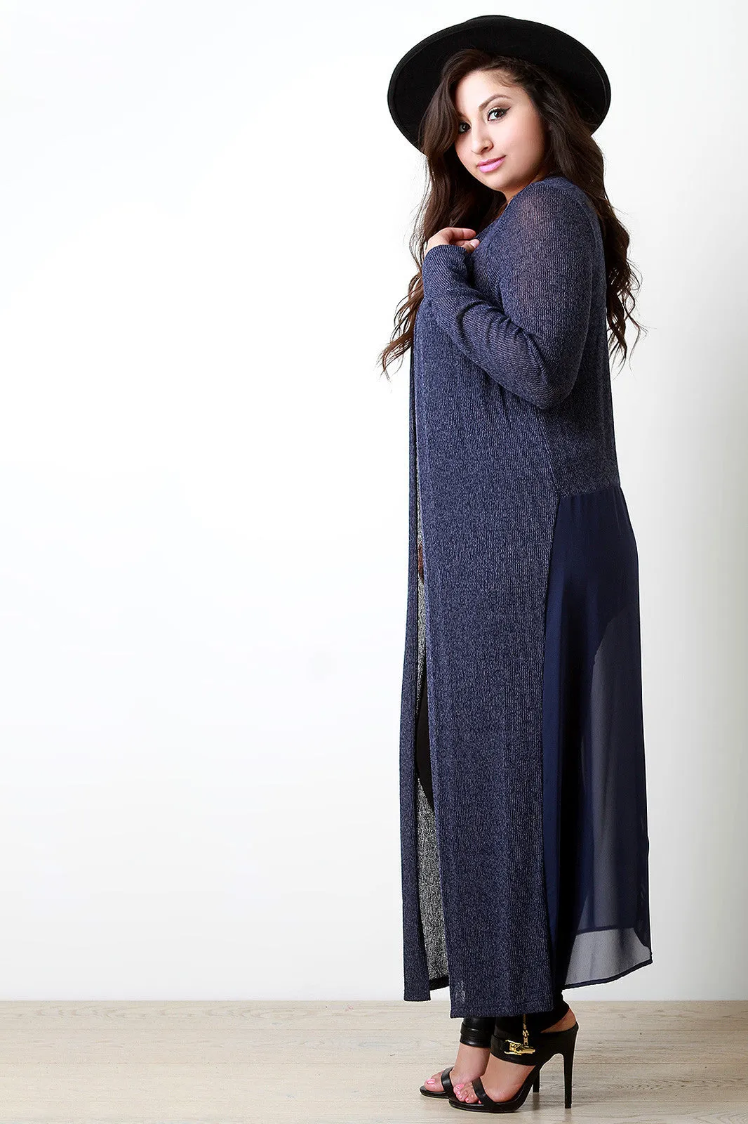 Contrast Knit Crochet Chiffon Longline Cardigan