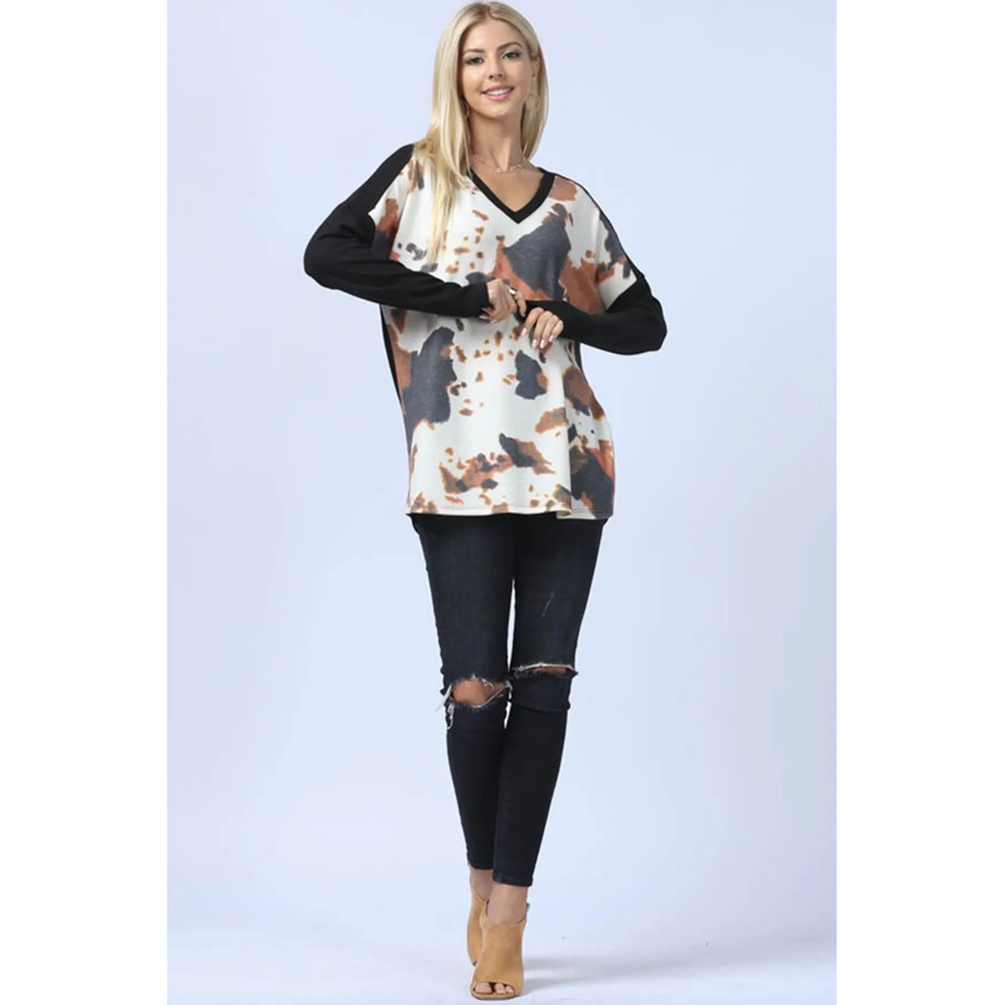 Cow Print Color Block Ultra Soft Hacci Top