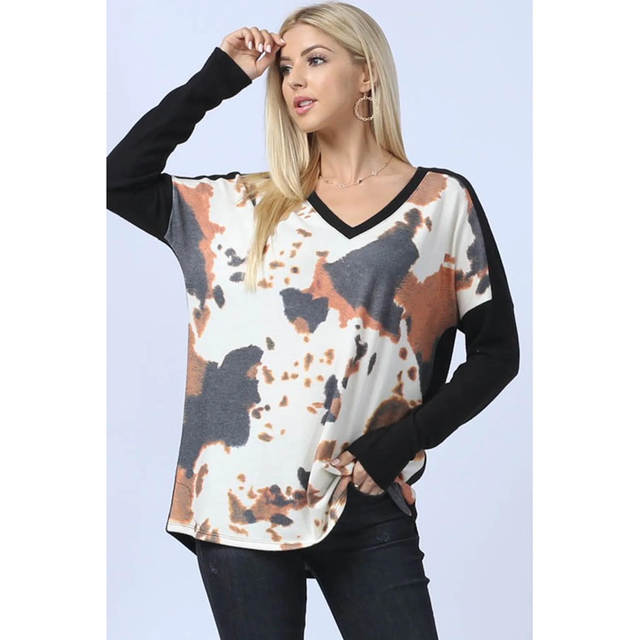 Cow Print Color Block Ultra Soft Hacci Top