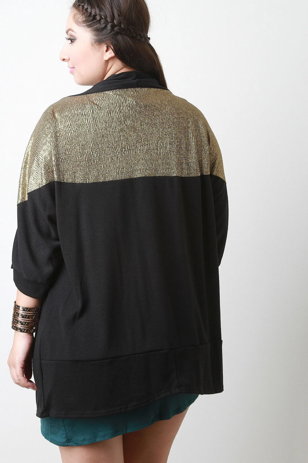 Crinkle Metallic Foil Trim Draped Open Front Cardigan