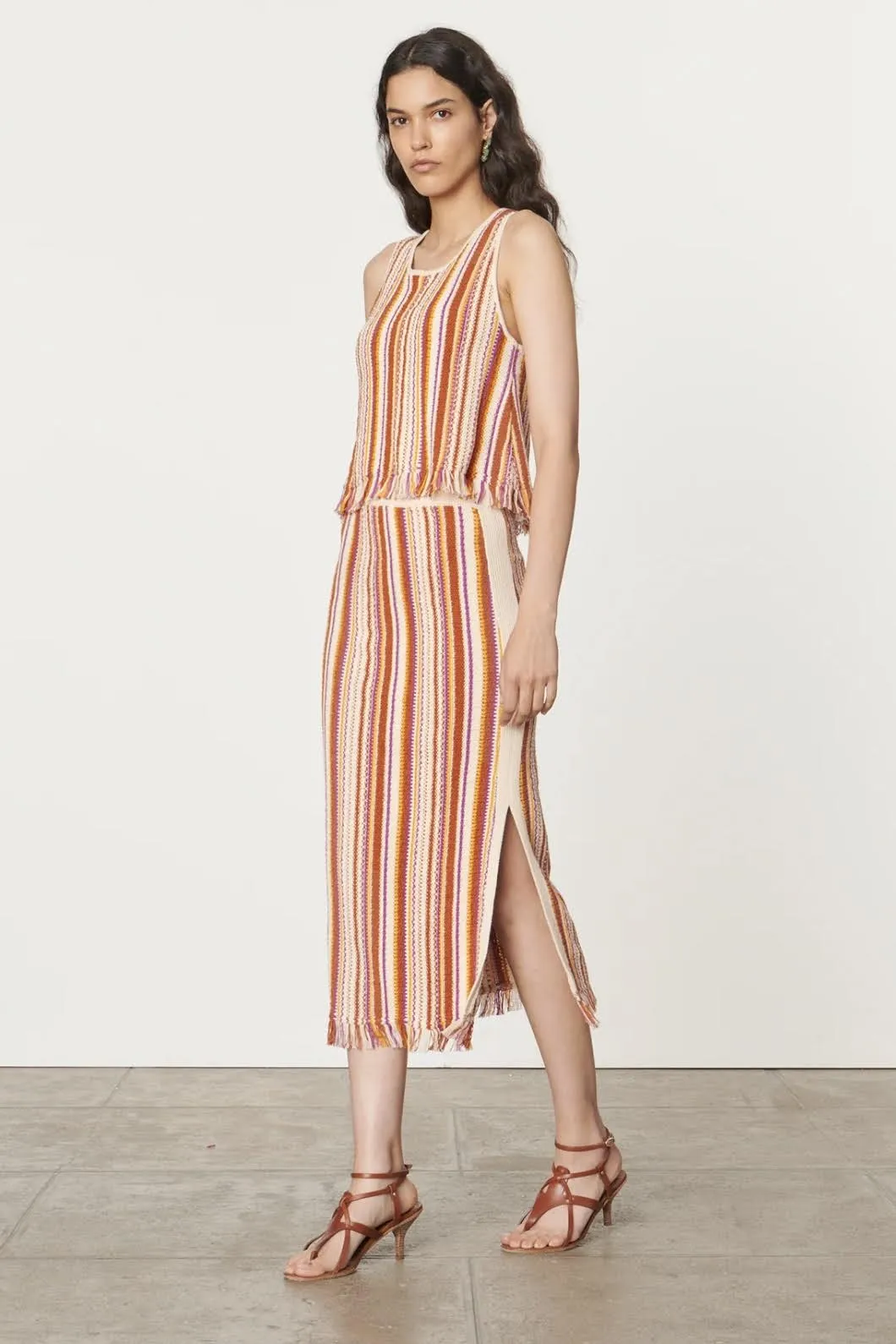 Cypres Fringed Terracotta Stripe Midi-Skirt