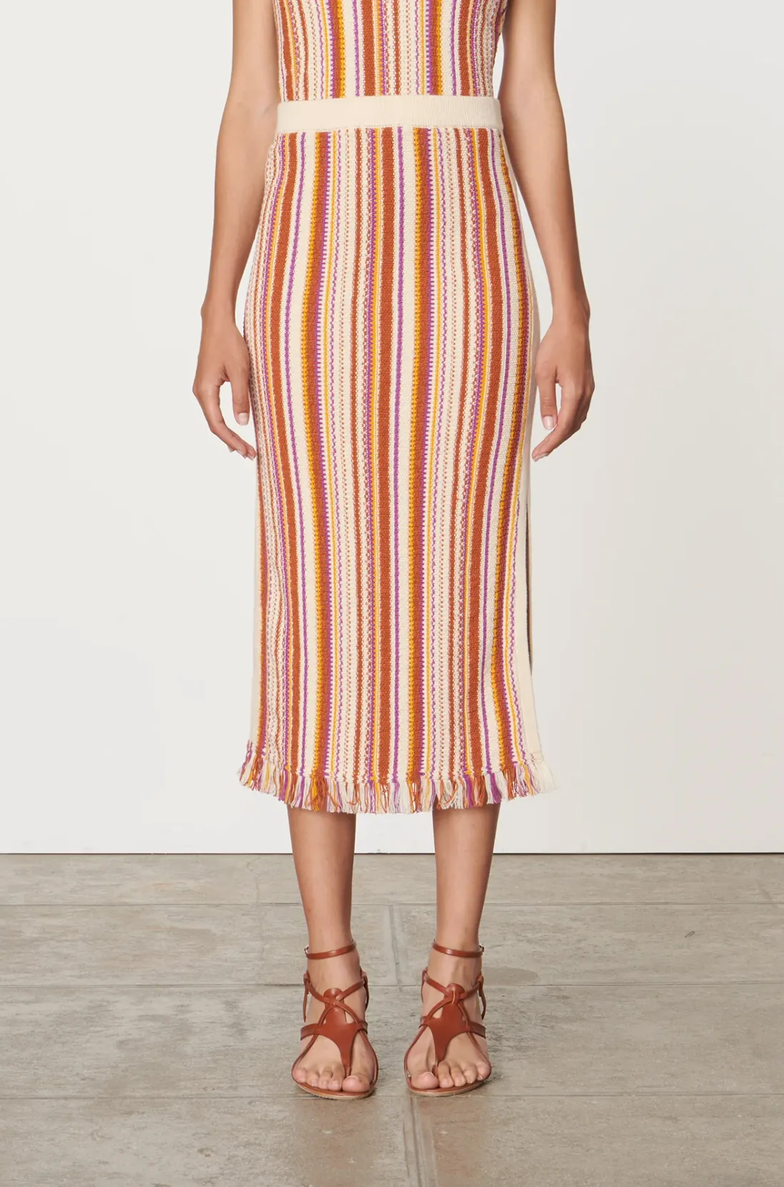 Cypres Fringed Terracotta Stripe Midi-Skirt