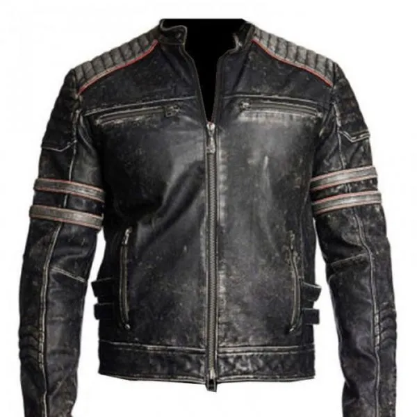 Distressed Black Leather Motorcycle Jacket