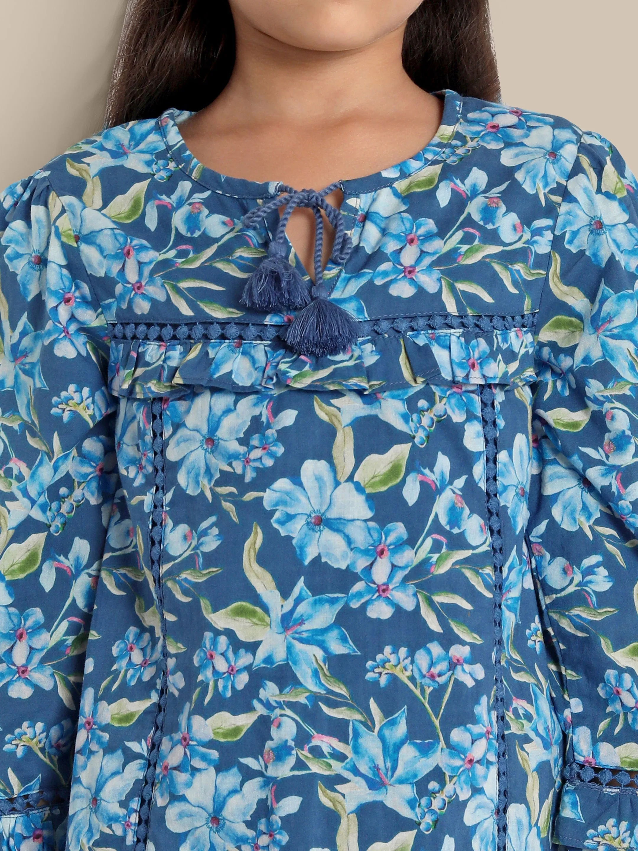 Emiliana Effortless Style Cotton Girls Top - Blue Flower