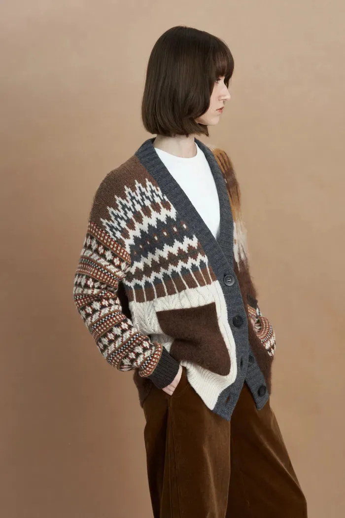 Faye Fair Isle Mixed Yarn Cardigan in Chunky Merino Wool Knit