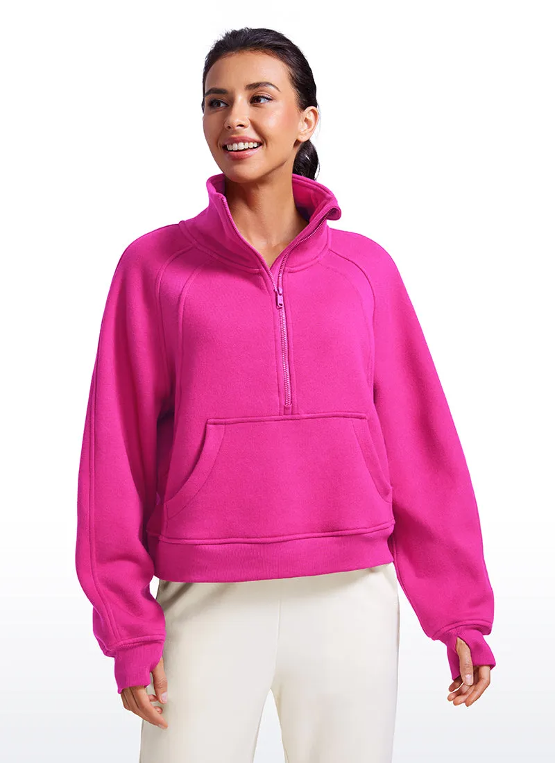 Fleece Lined Half Zip Hoodies Funnel Neck with Thumb Holes