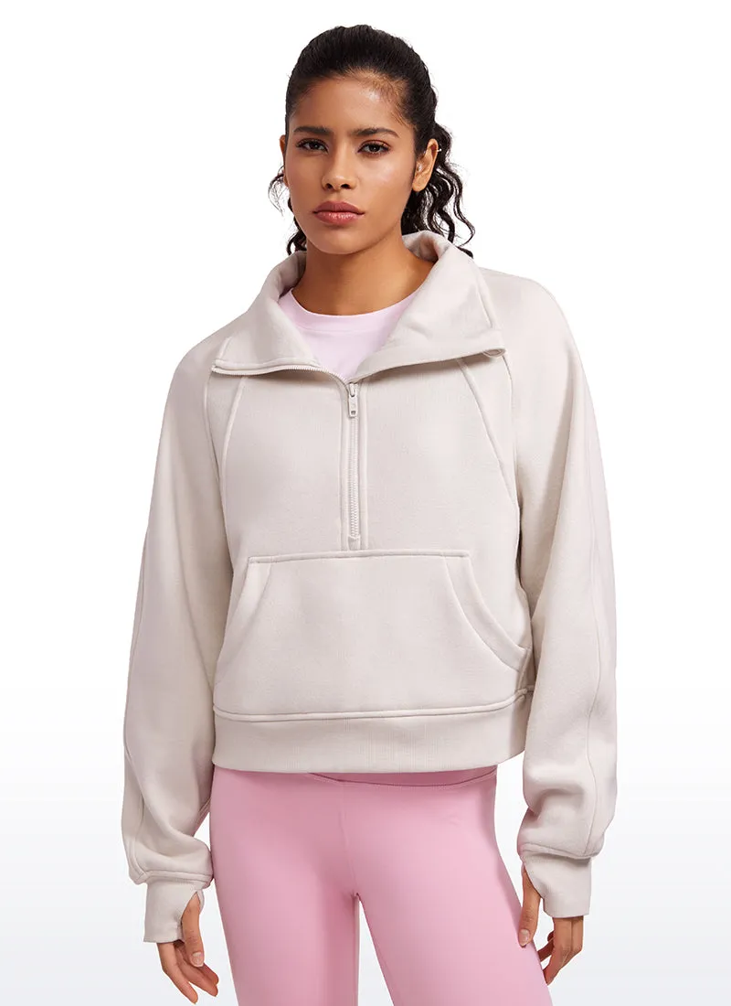 Fleece Lined Half Zip Hoodies Funnel Neck with Thumb Holes