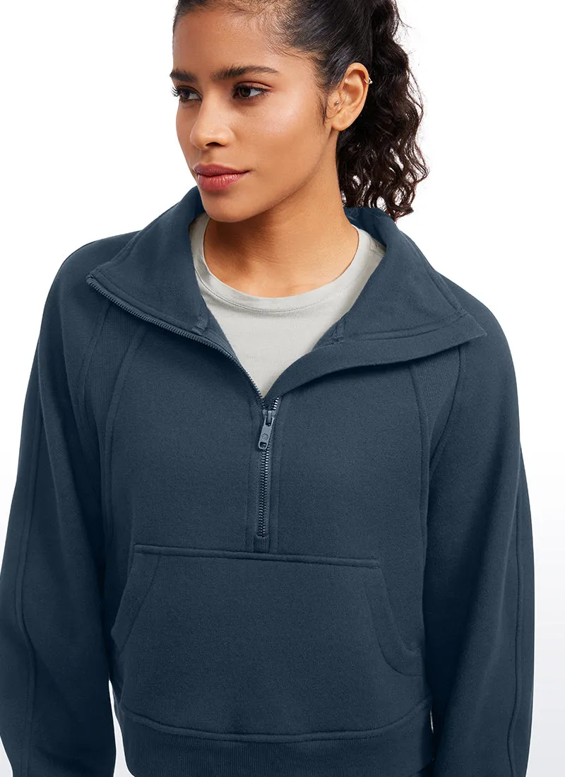 Fleece Lined Half Zip Hoodies Funnel Neck with Thumb Holes