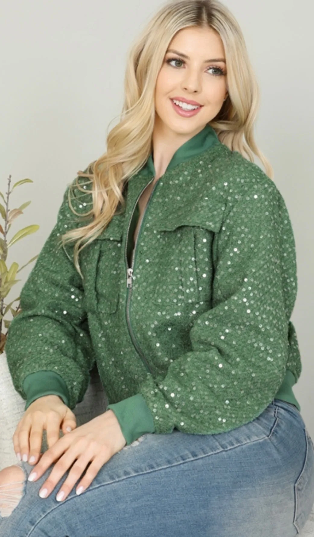 Green Sequins Bomber Jacket