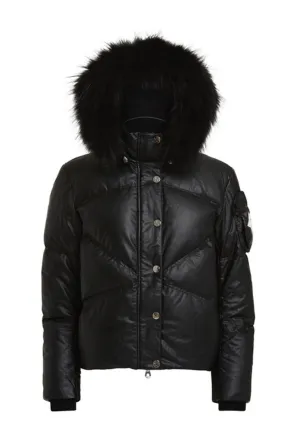 High Society Dakota Black Downfilled Faux Leather Ski Jacket with Fur Hood