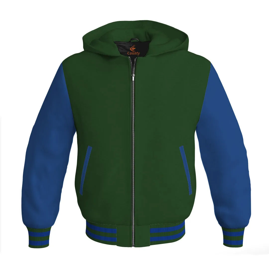 Hoodie Jackets Forest Green Body and Blue Leather Sleeves Bomber Jacket