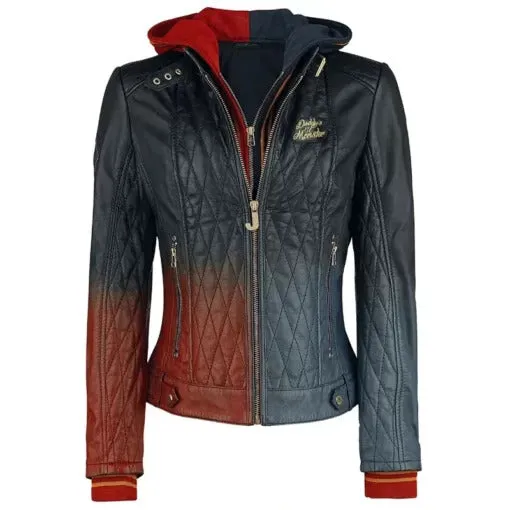 Iconic Diamond Pattern Red and Black Harley Quinn Leather Jacket