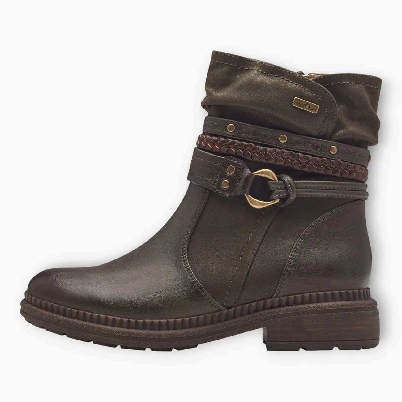 Jana Olive Vegan Boots with Chunky Sole and Chain Detail