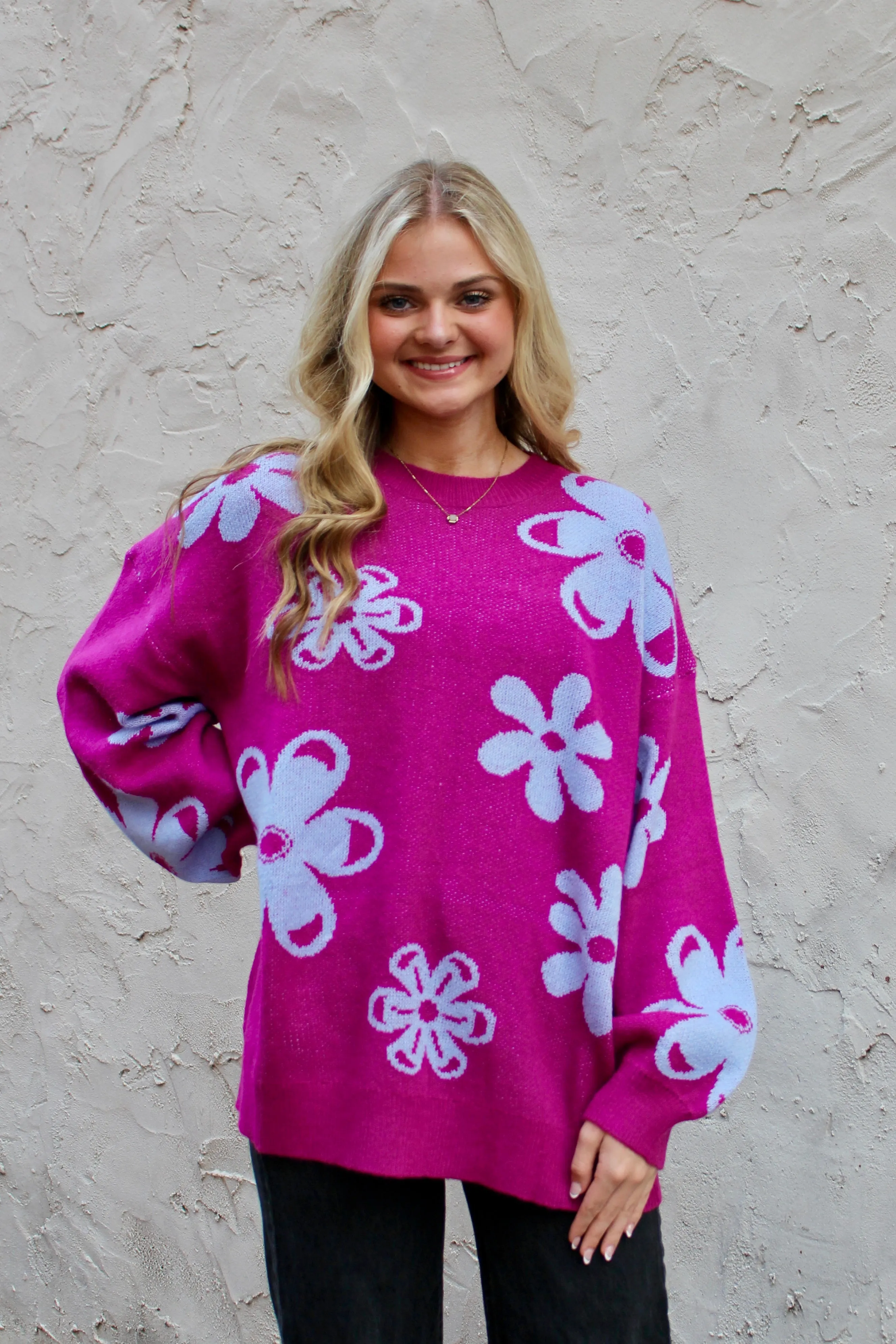 Jodifl Knit Sweater with Contrasting Color Floral Print in Magenta Mix