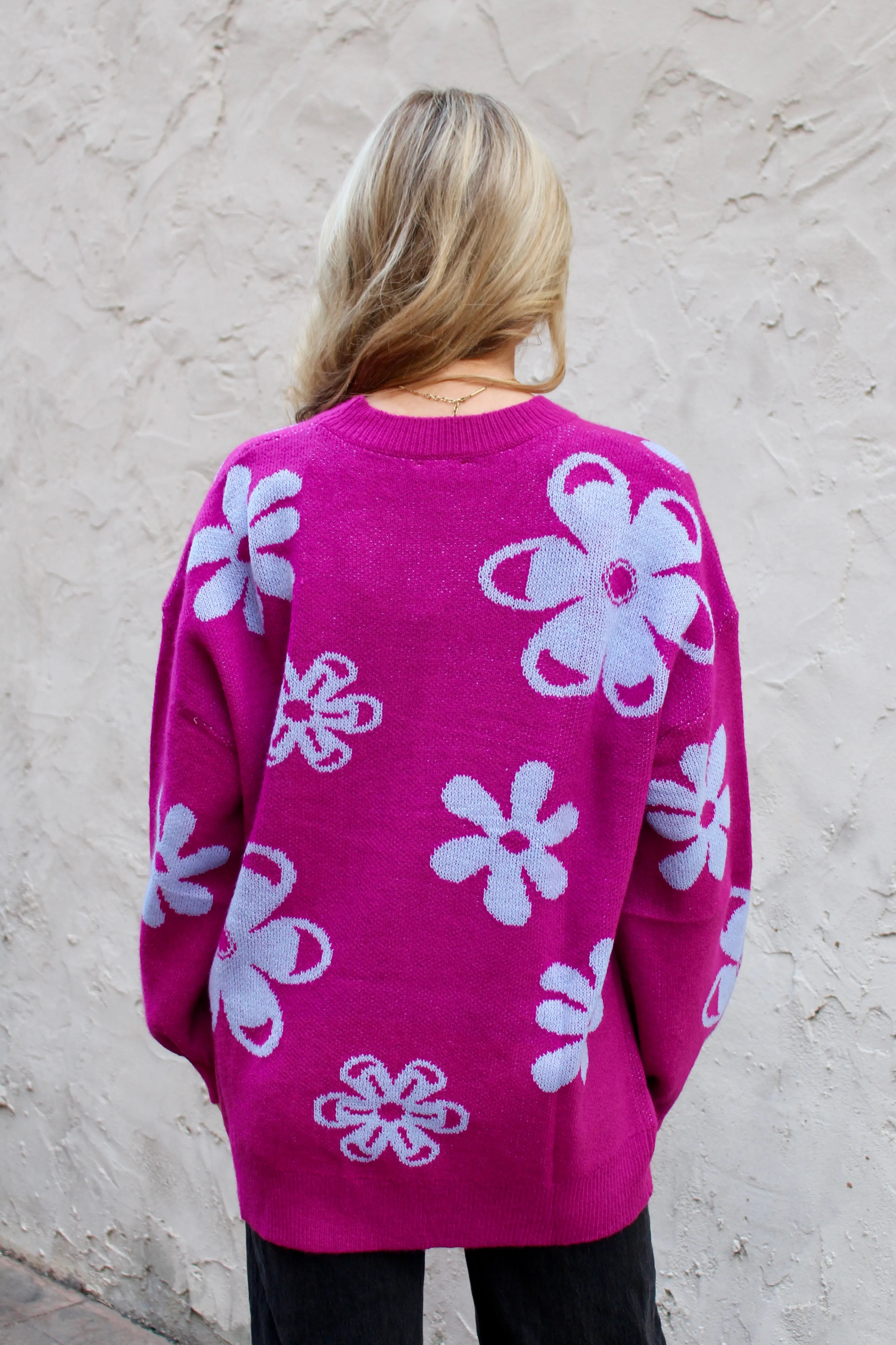 Jodifl Knit Sweater with Contrasting Color Floral Print in Magenta Mix