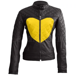 Leather Skin Women Shoulder Quilted Yellow Love Heart Genuine Leather Jacket