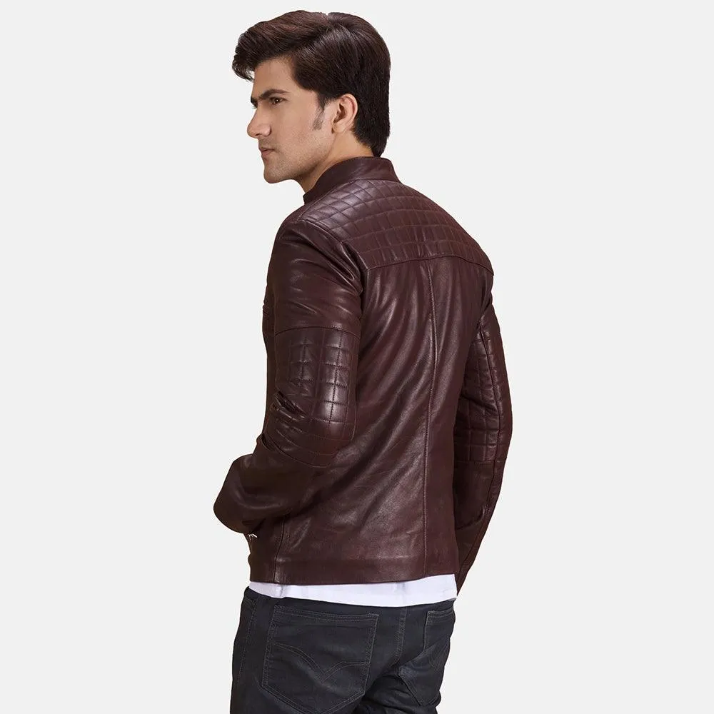 Mens Burgundy Leather Quilted Jacket