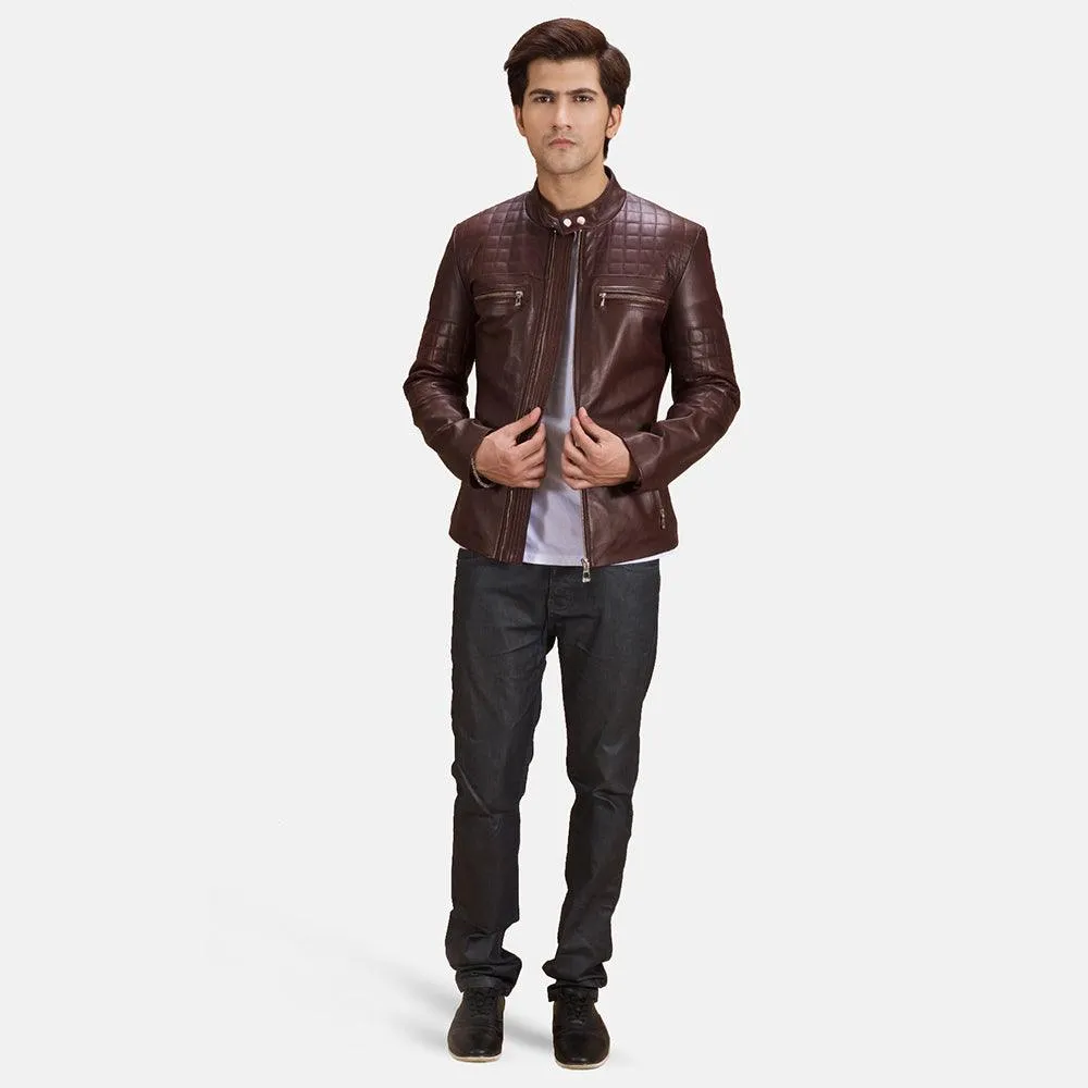 Mens Burgundy Leather Quilted Jacket