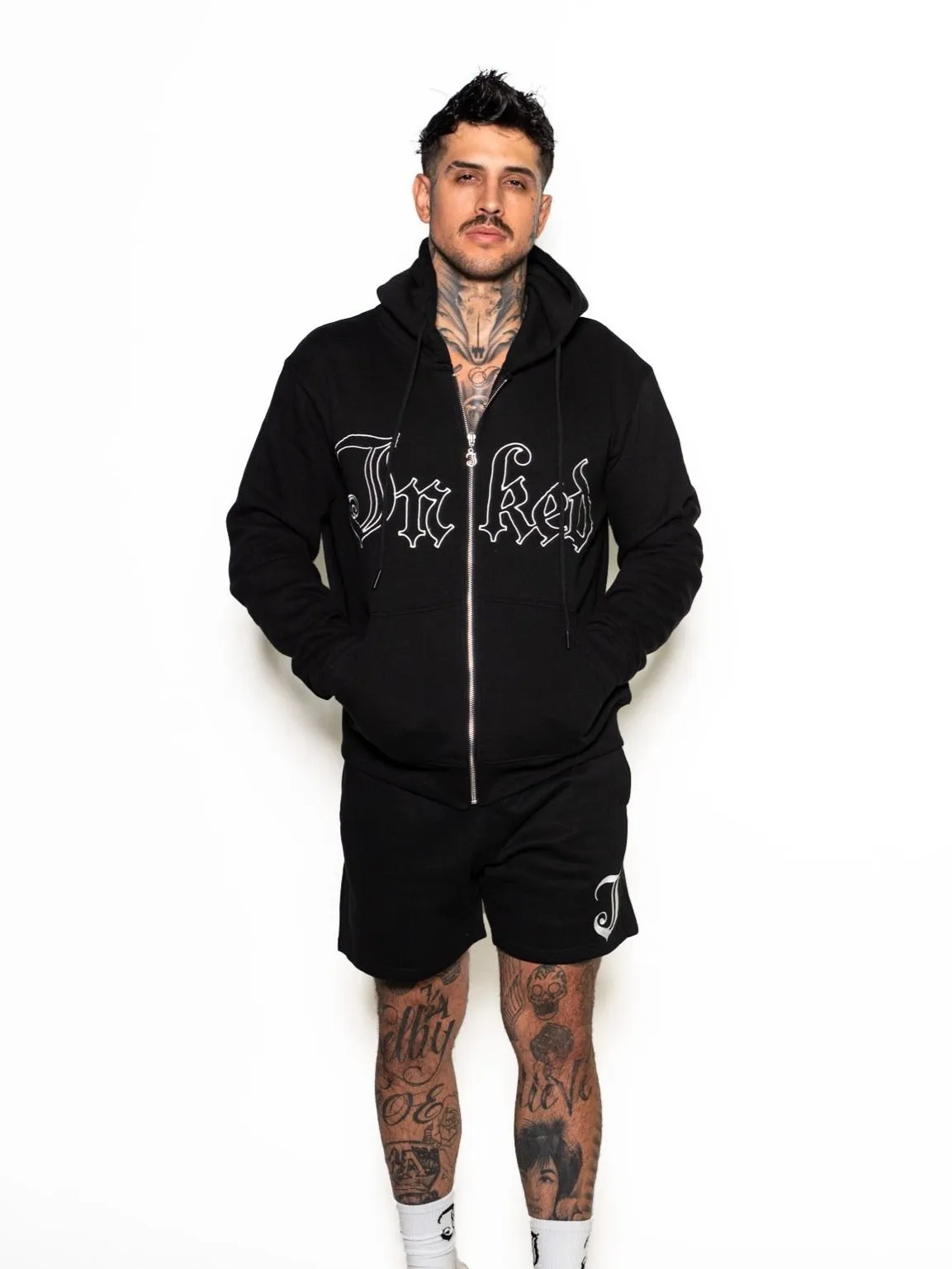 Men's Inked Embroidered Zip Up Hoodie - Black/White