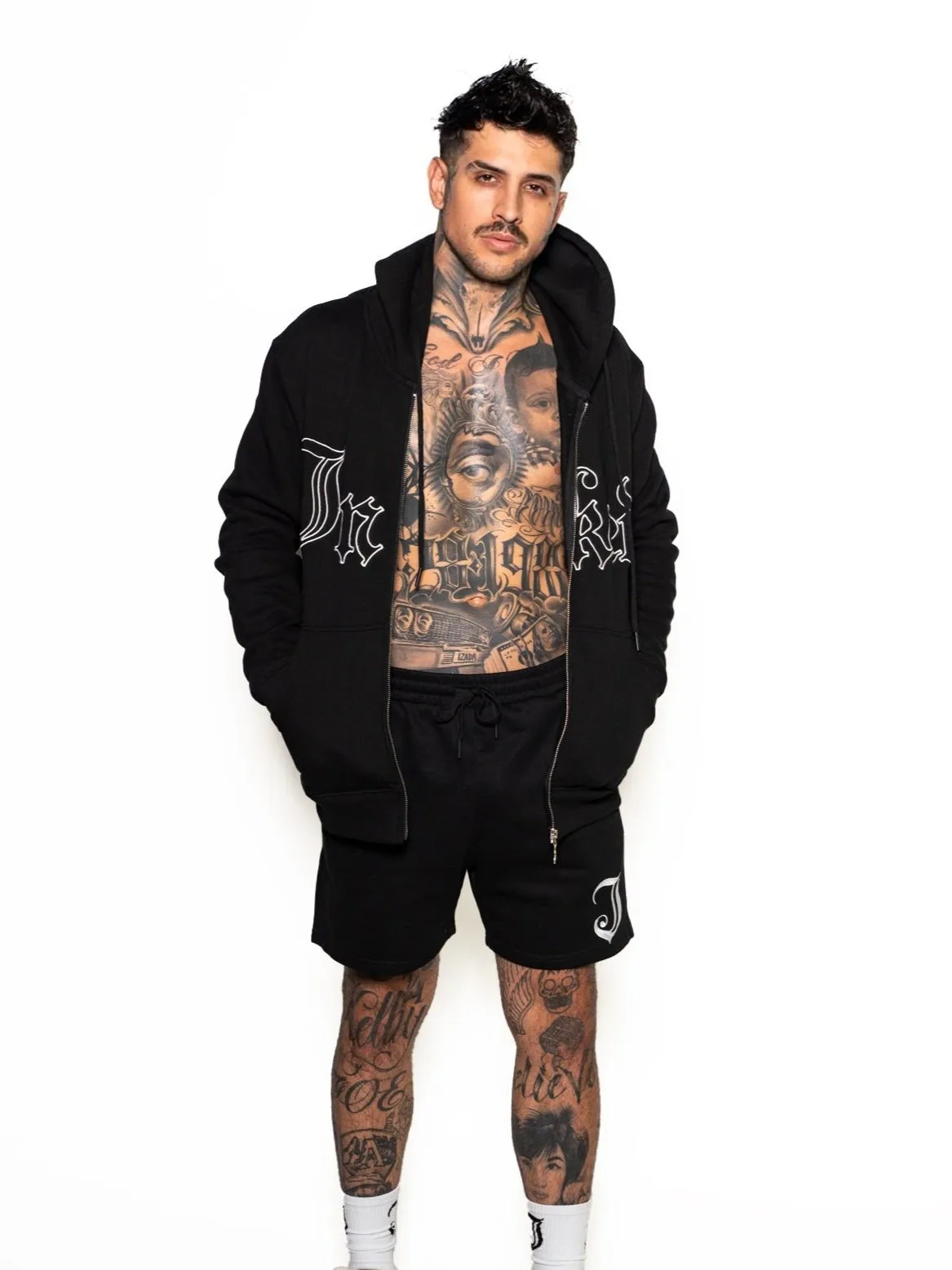 Men's Inked Embroidered Zip Up Hoodie - Black/White