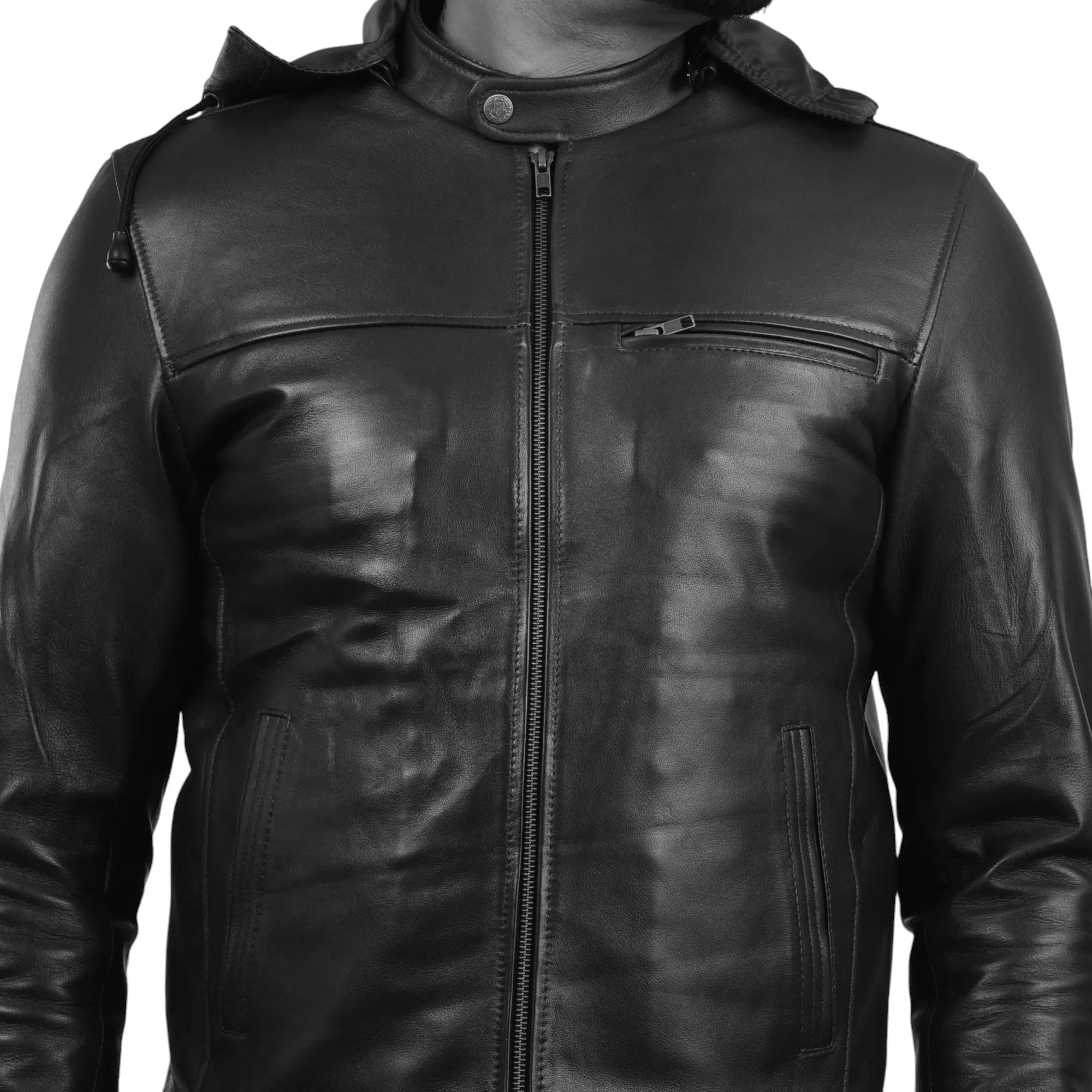 MENS LEATHER HOODED JACKET 410139(BLACK)