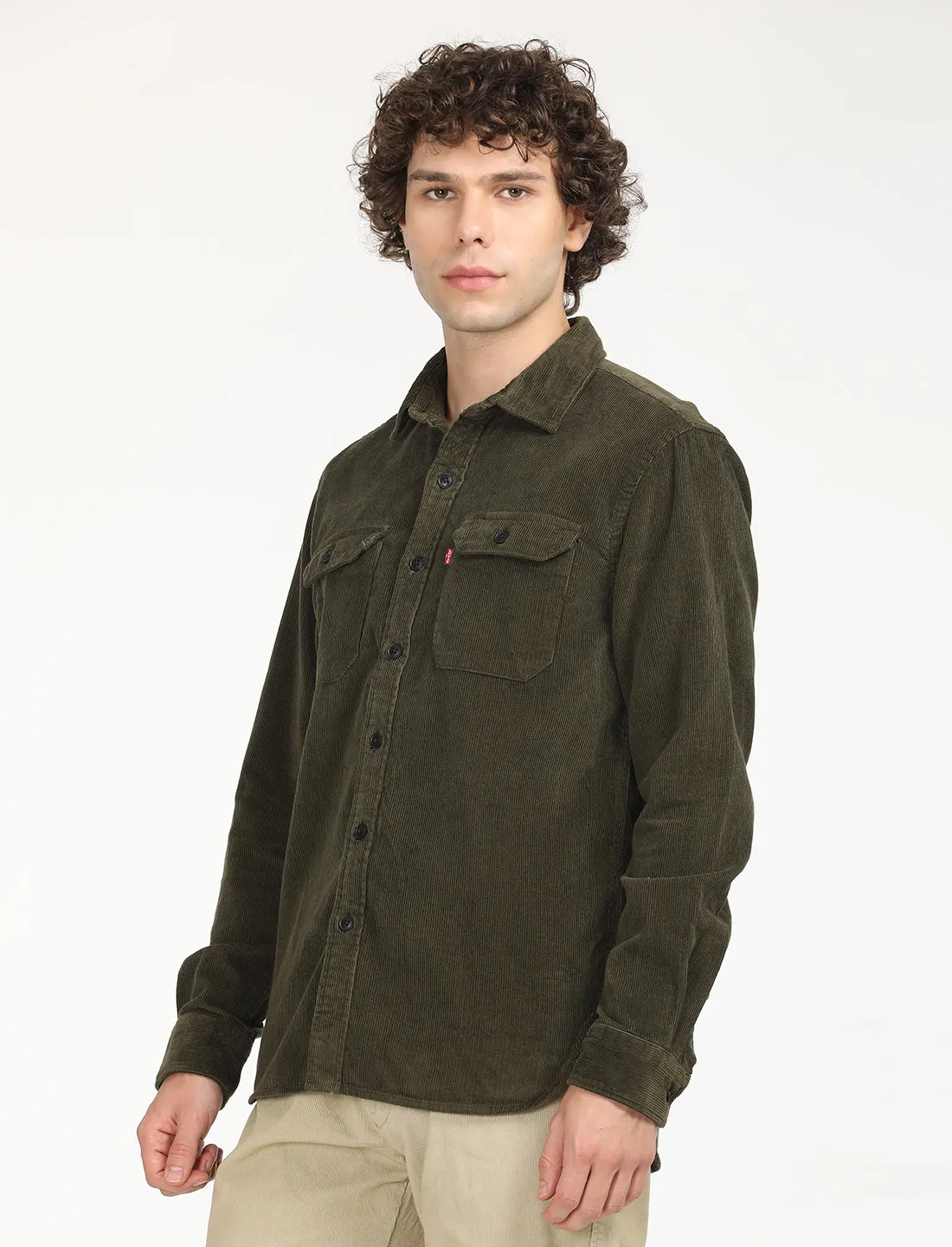 Men's Solid Olive Spread Collar Shacket