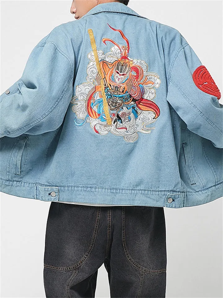 Men's Spring Autumn Monkey King Embroidery Trendy Lapel Jacket