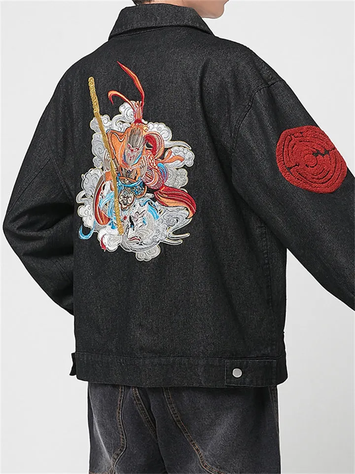 Men's Spring Autumn Monkey King Embroidery Trendy Lapel Jacket