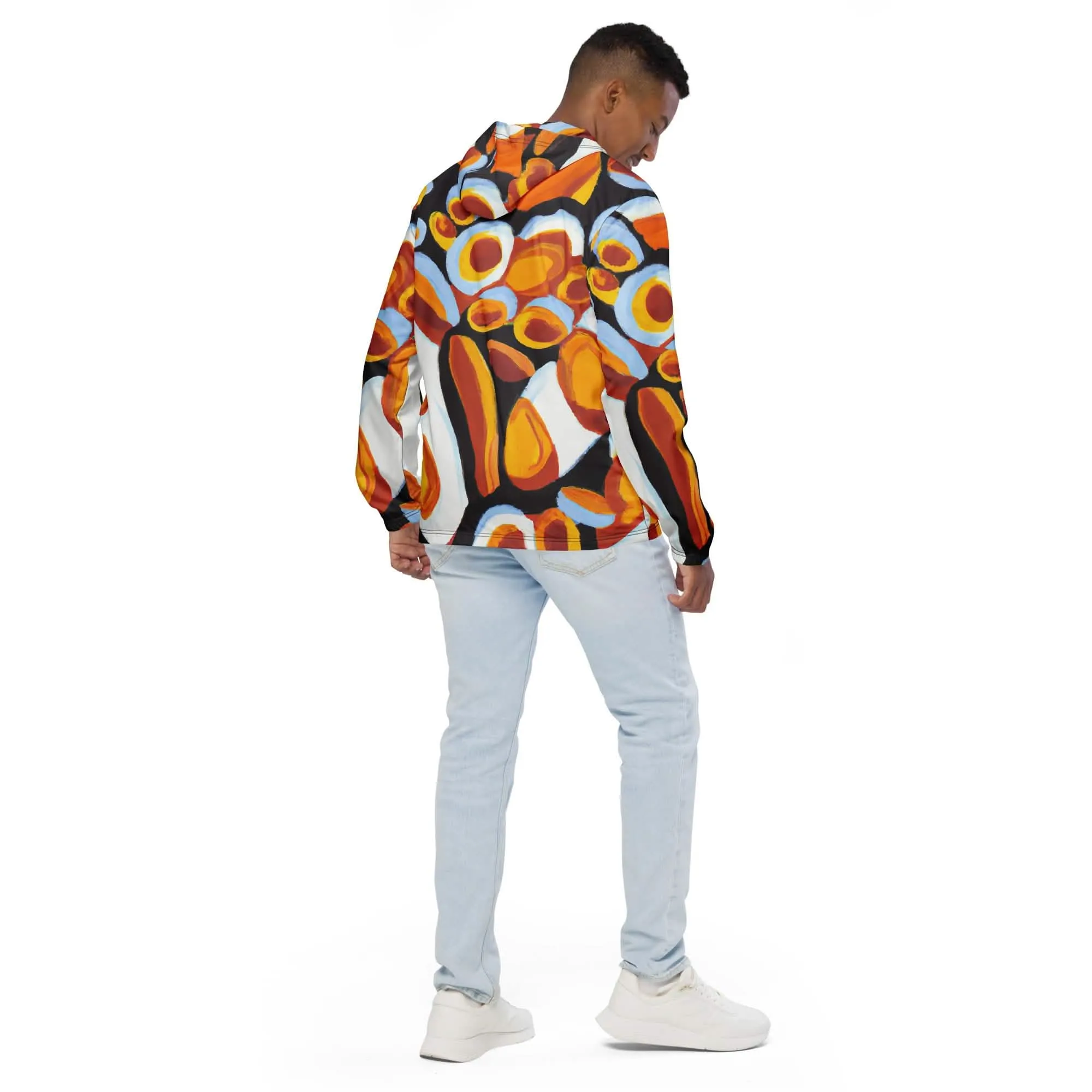 Men's Stylish Geometric Print Orange, Black, and White Hooded Windbreaker Jacket