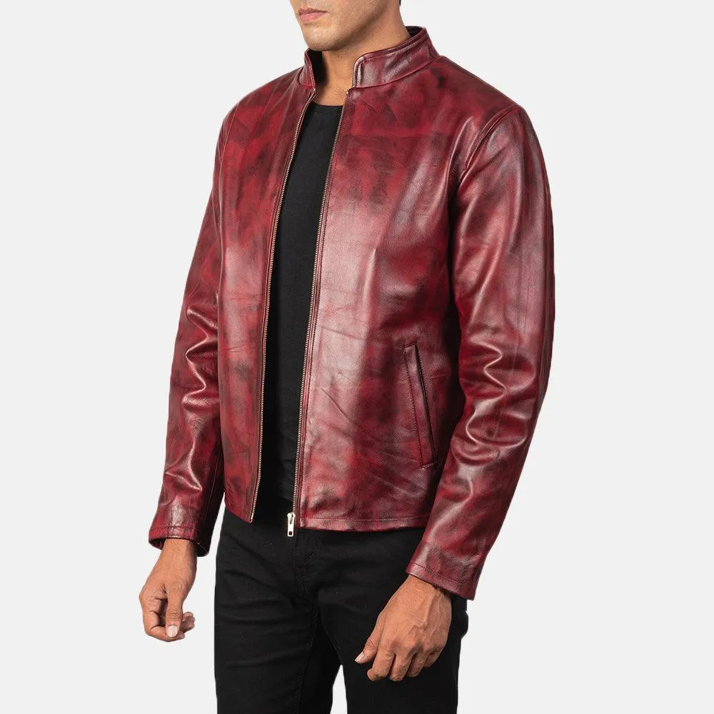 Mens Waxed Burgundy Leather Jacket