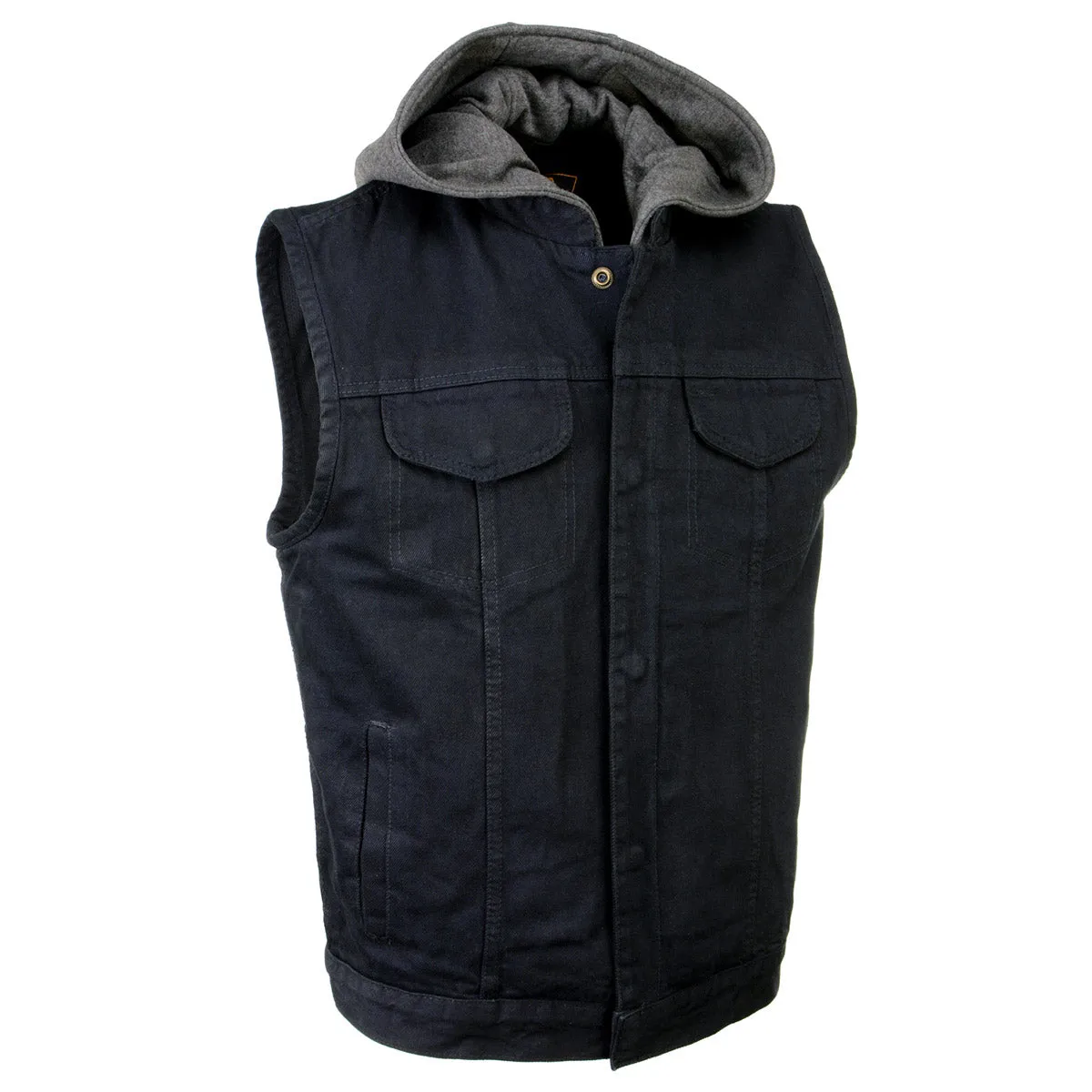 Milwaukee Leather MDM3015 Men's 'Rustic' Black Denim Motorcycle Riding Vest with Hoodie and Quick Draw Pocket