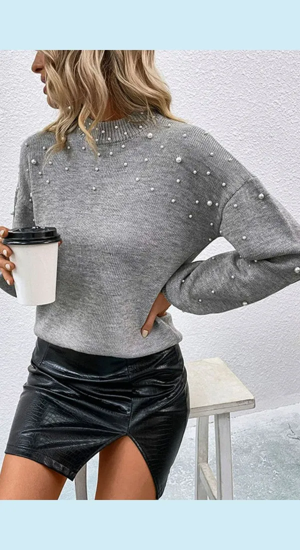 Pearl Dropped Shoulder Ribbed Trim Sweater