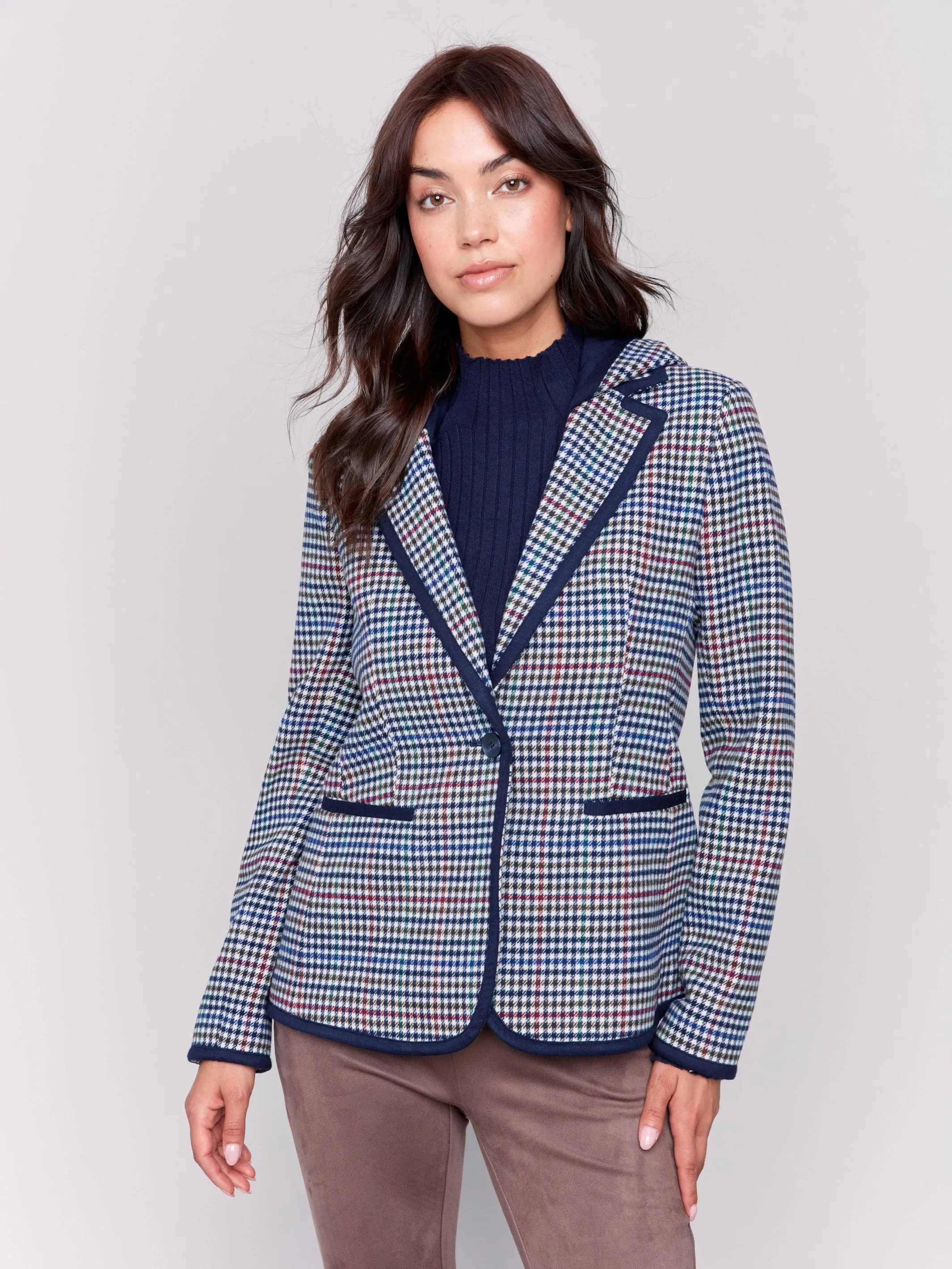 Plaid Woven Blazer with Hood - Almond