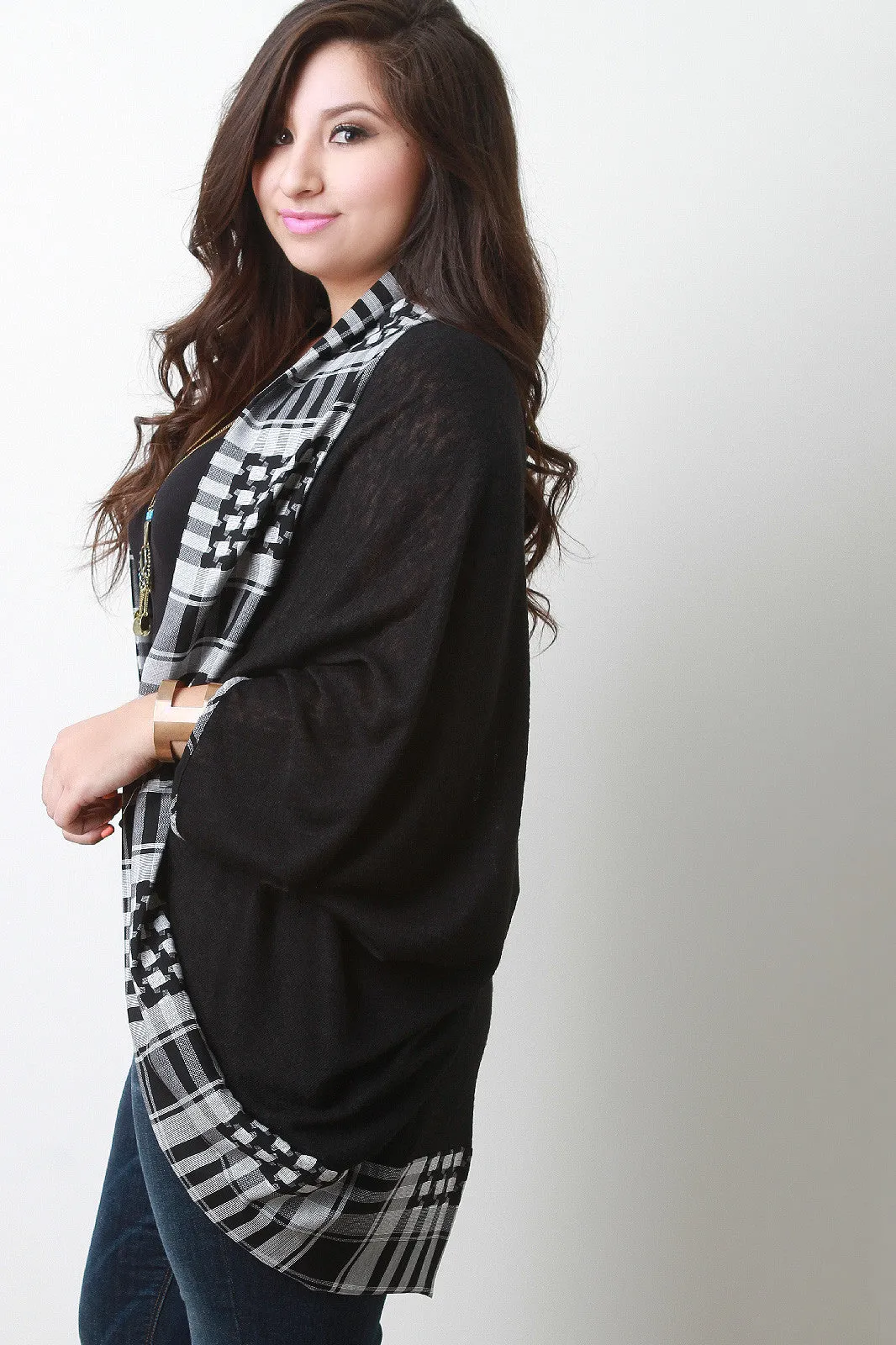 Plus Size Plaid Trim Dolman Cardigan