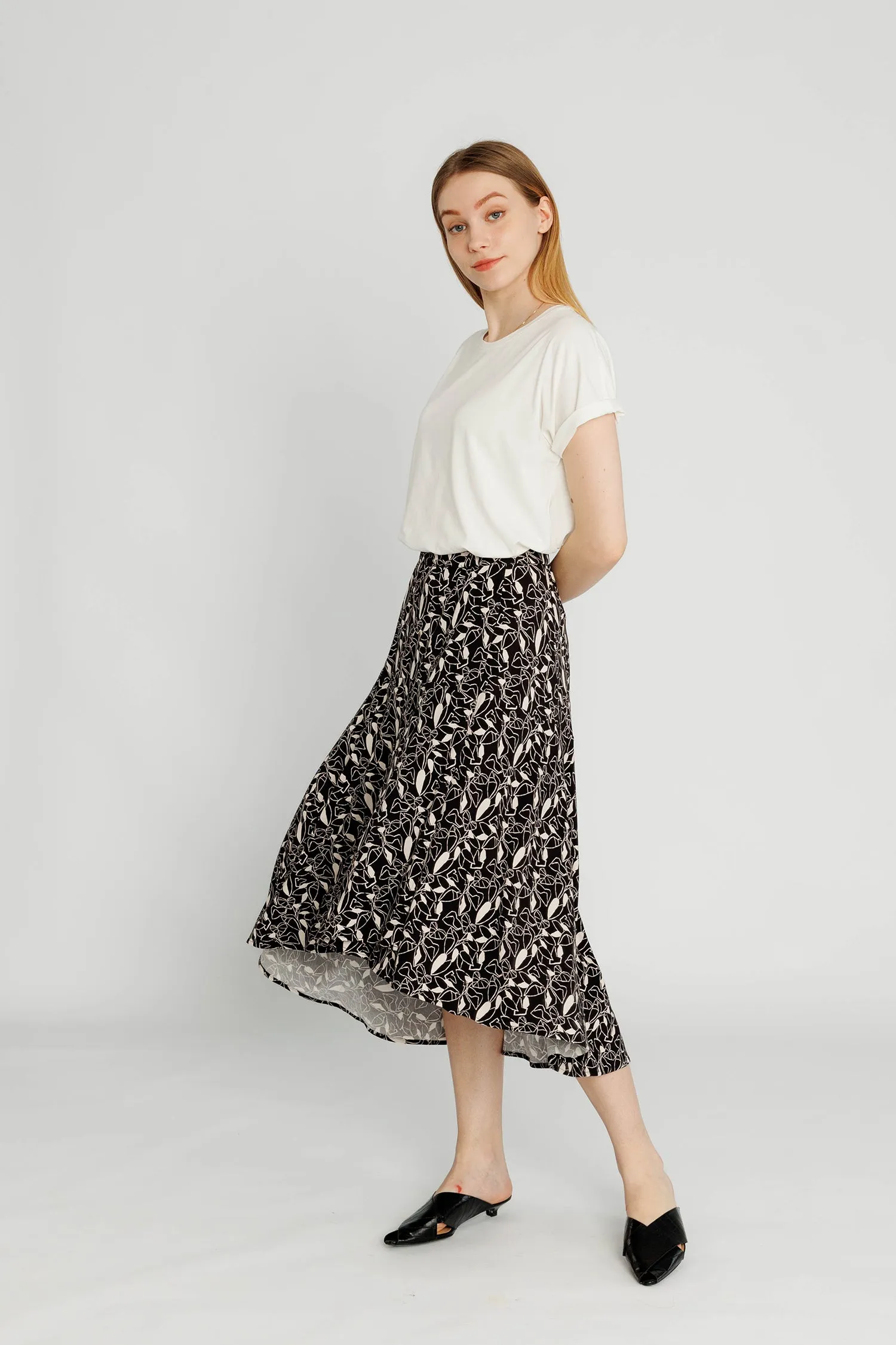 Pull-on Midi Wrap Skirt - Black Botanical