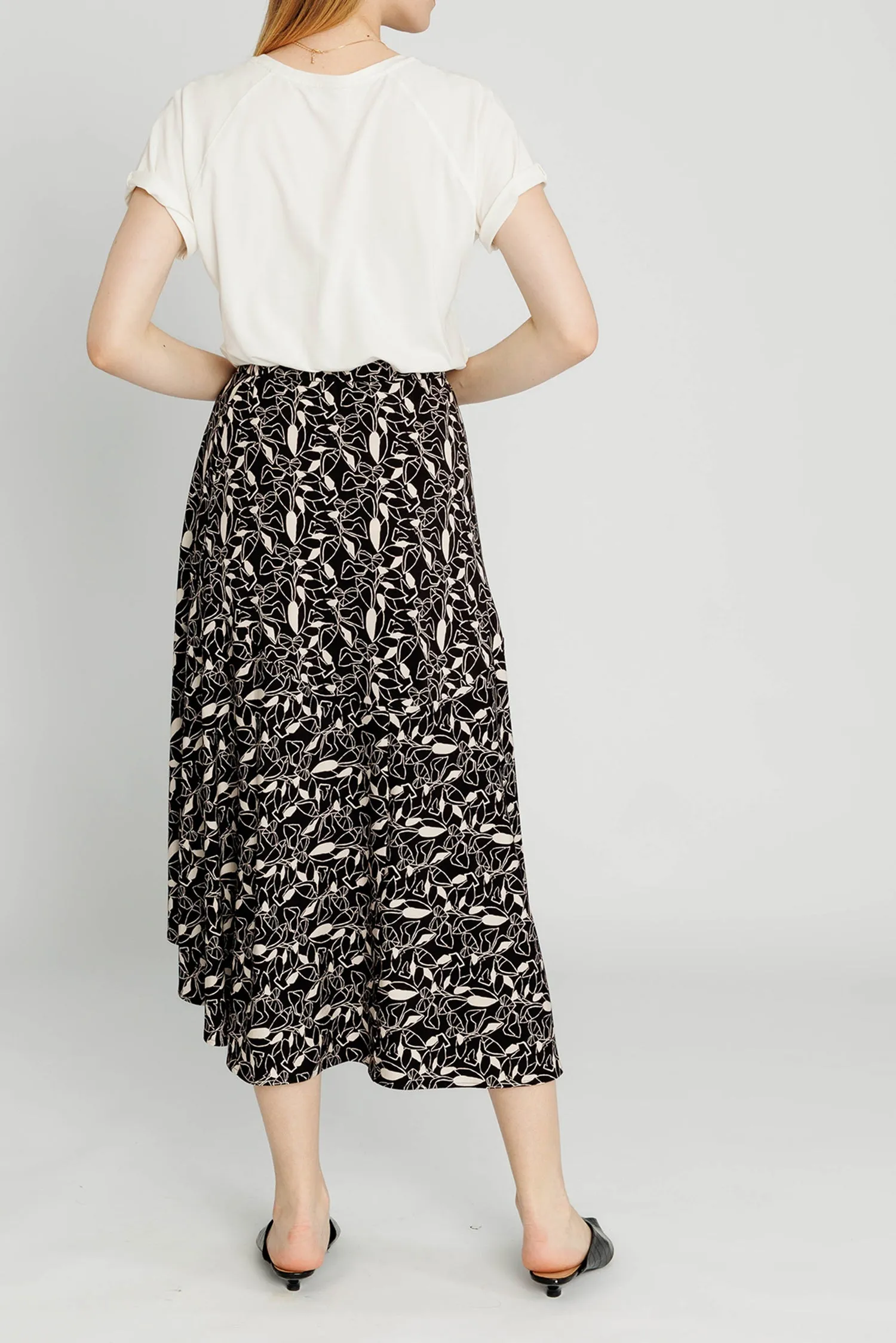 Pull-on Midi Wrap Skirt - Black Botanical