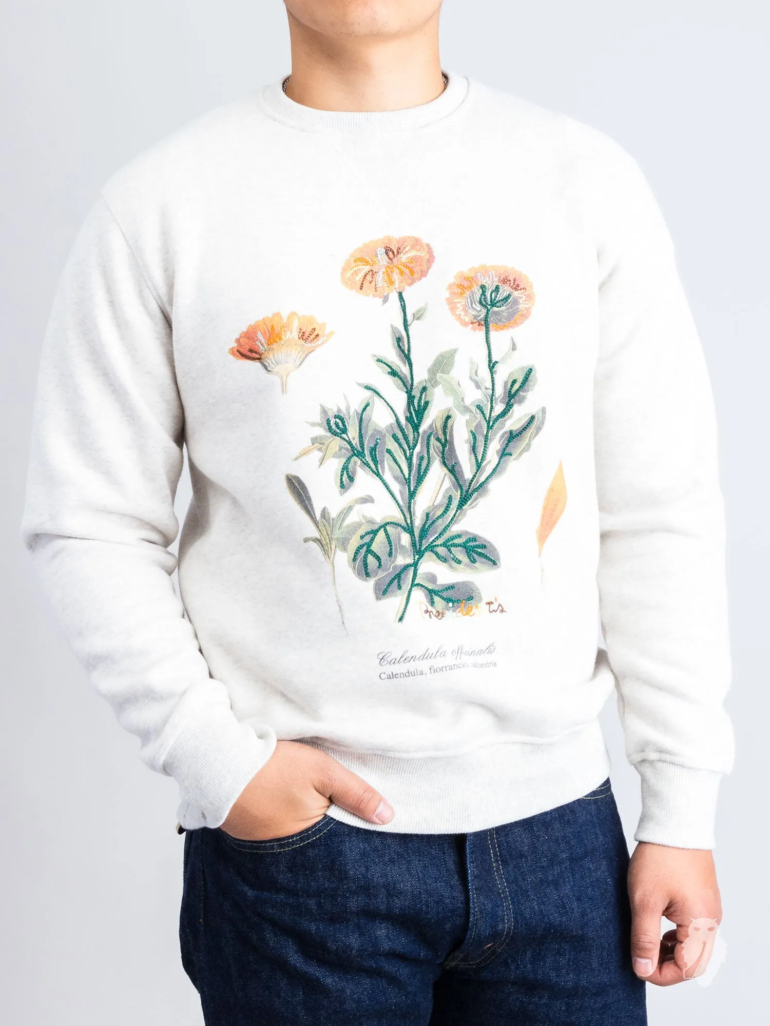 "Calendula Embroidery" Crewneck Sweater in White Melange