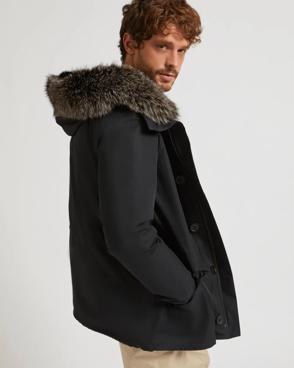 Short Iconic Parka In Cotton Blend And Fur