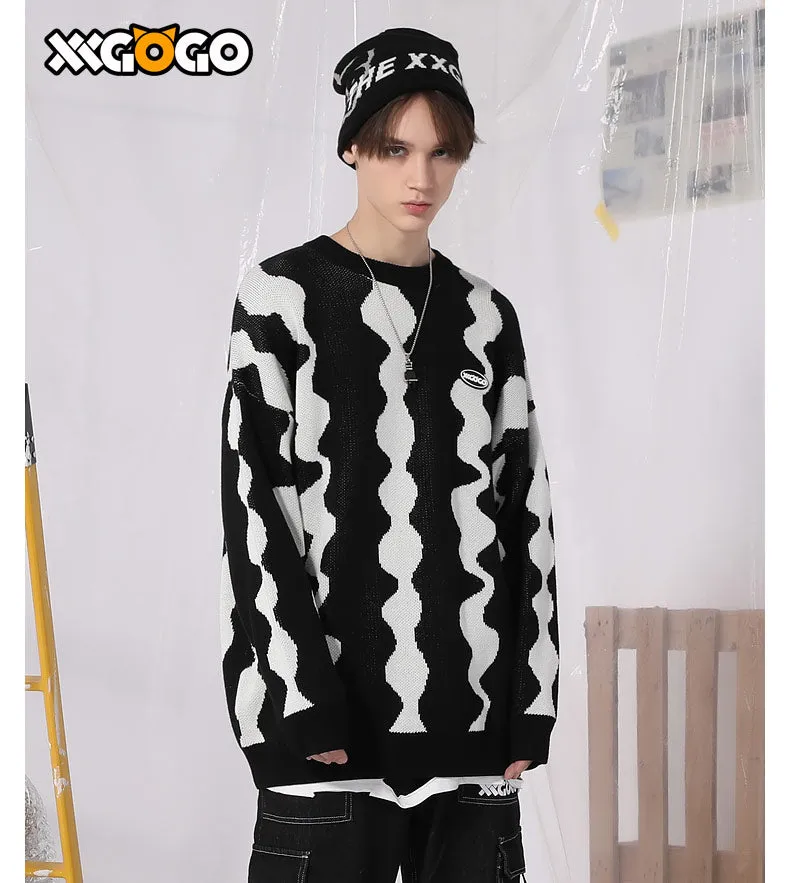 Squiggly Jacquard Crew Neck Loose Sweater